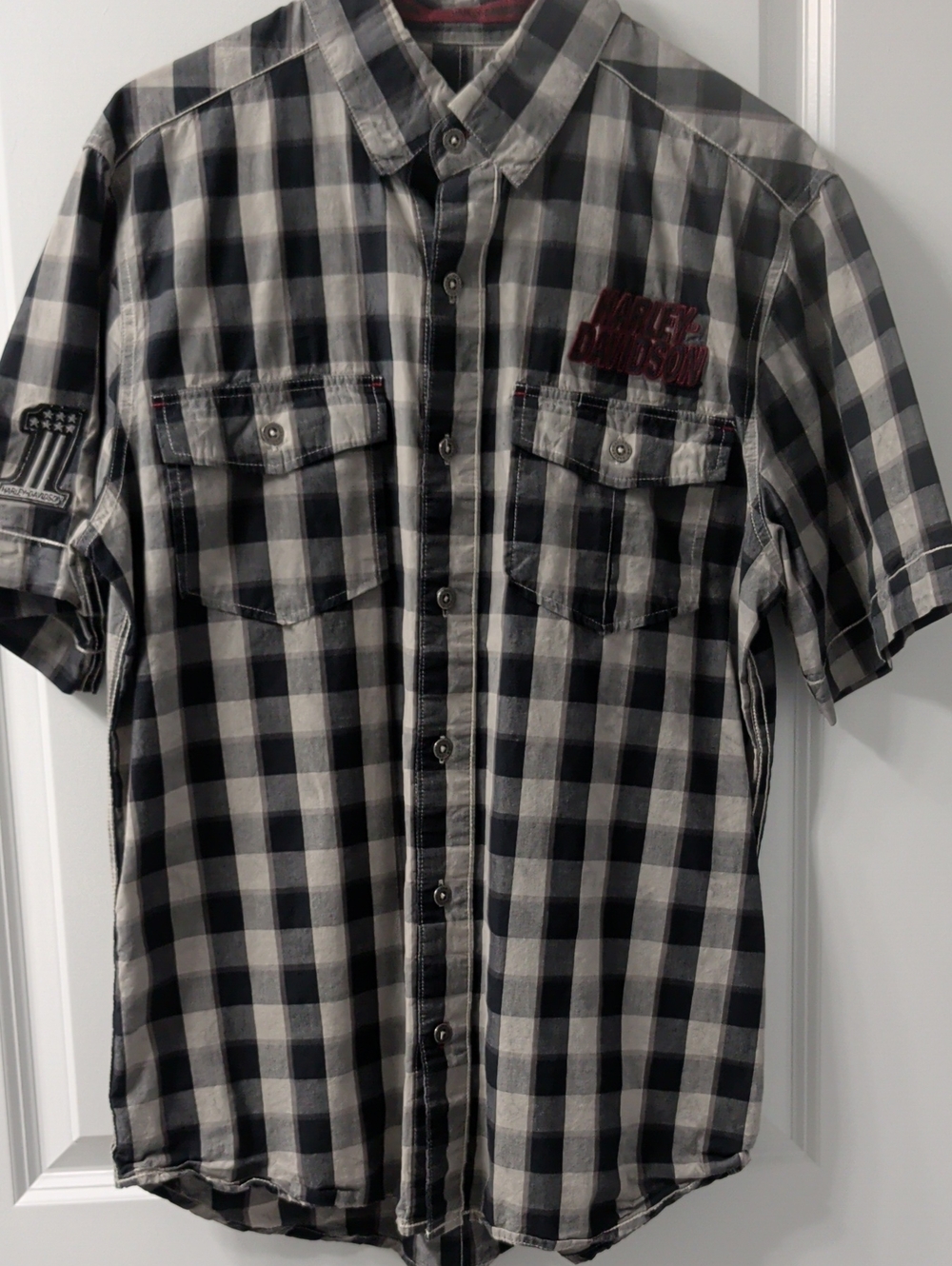 Harley-Davidson Black & Gray Checked Short Sleeve Button-Down Shirt